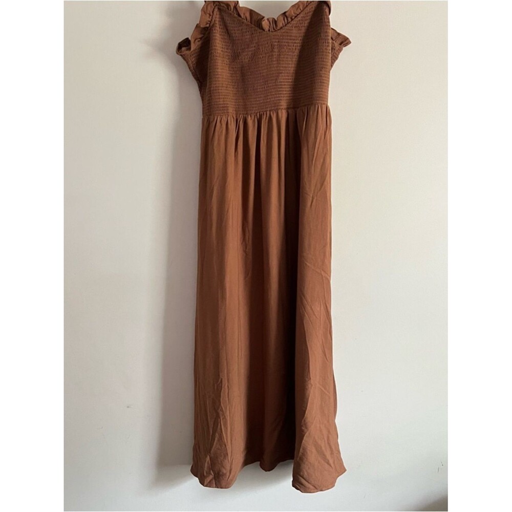 By The River Dress Large Brown Smocked Tie Strap Boho Maxi Summer Flowy - Picture 4 of 9